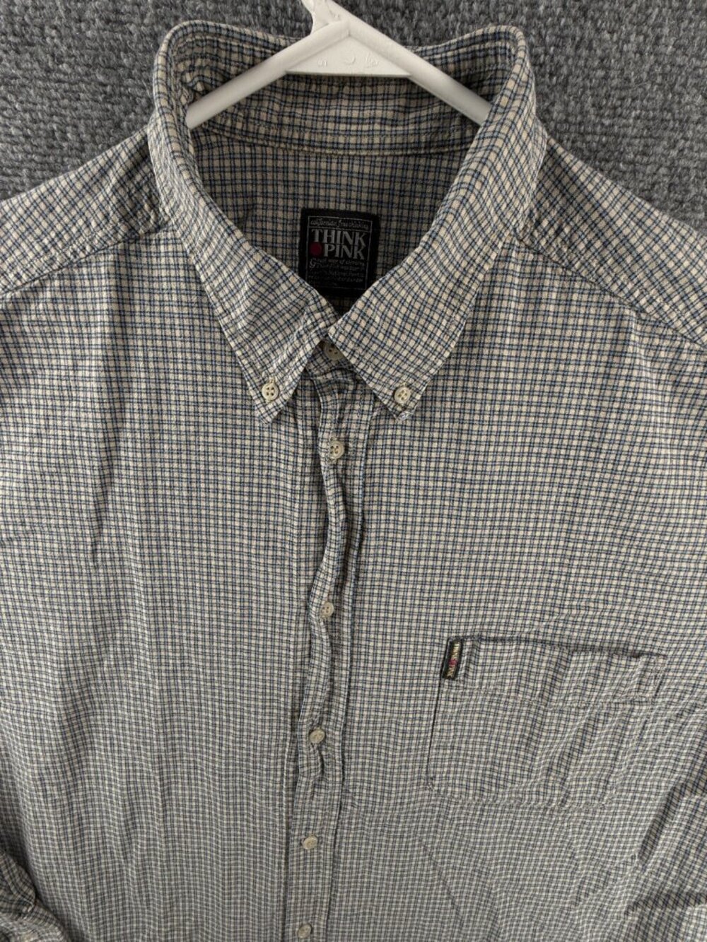 Think Pink Men Long Sleeve Button Up Shirt Blue Beige Check 2XL Pocket Adult